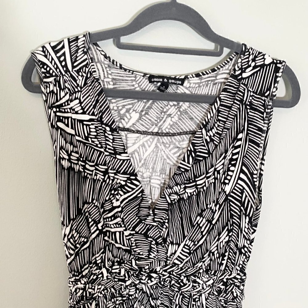 Cable & Gauge Maxi Dress Women Size S‎ Black White Abstract Faux Wrap Smocked - Picture 2 of 11